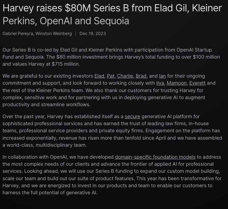 Harvey raises $80M Series B from Elad Gil, Kleiner Perkins, OpenAI and Sequoia